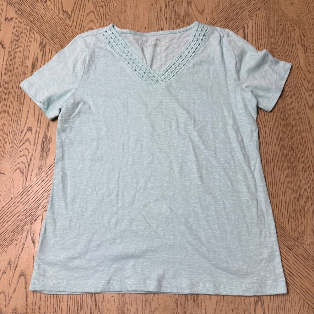 Talbots Women's Small Blue V Neck Cotton Top Summer Short Sleeve Casual Tee‎